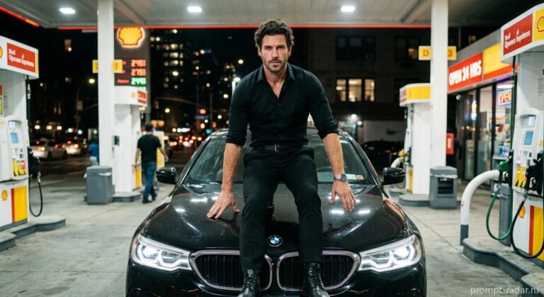 Промпт: Мужчина в черной рубашке на капоте BMW ночью у заправки