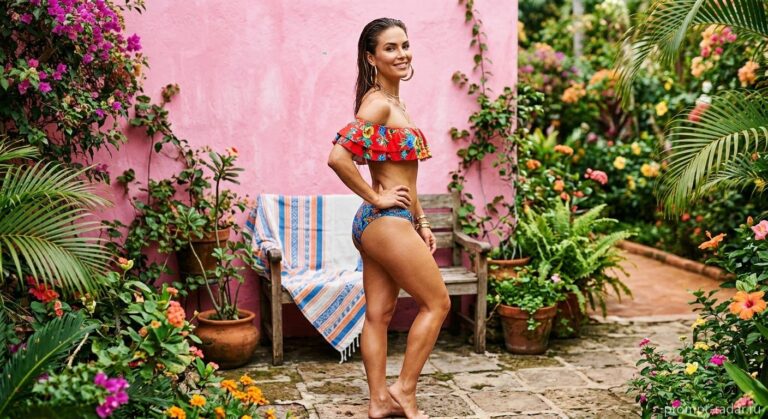 Промпт: Модная фотосессия женщины в цветочном бикини у розовой стены