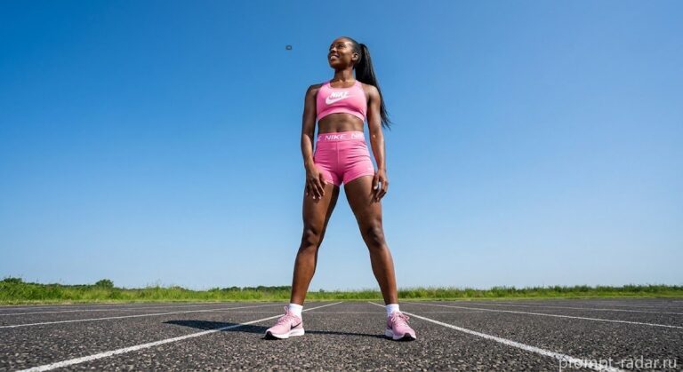 Промпт: Низкий ракурс, спортивная темнокожая женщина в розовом Nike