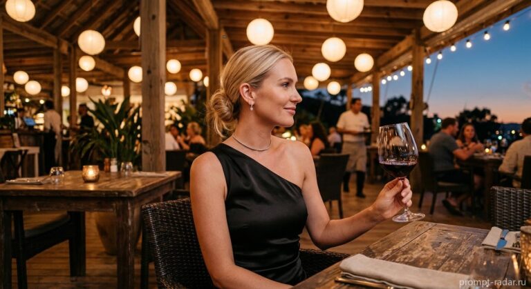 Промпт: Женщина в черном сатиновом платье с бокалом красного вина на веранде
