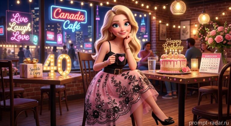 Промпт: Стилизованная 3D-анимированная блондинка в кафе празднует 40-летие