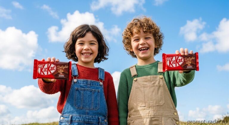 Промпт: Два улыбающихся ребенка с KitKat на фоне голубого неба