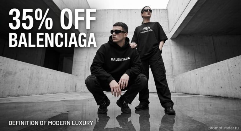 Промпт: Двое моделей в Balenciaga стритвире на бетонном фоне, низкий ракурс