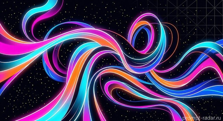 Промпт: ретро-футуристичные неоновые ленты на черном фоне
