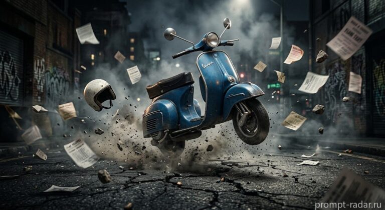 Промпт: Винтажная синяя Vespa в воздухе, треснувший асфальт, летающие бумаги