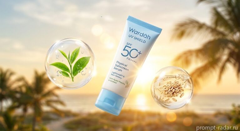 Промпт: Плавающая туба Wardah UV Shield с пузырями чая и овса