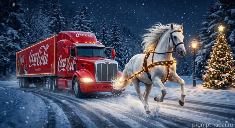 Промпт: Белый конь в гирляндах бежит рядом с грузовиком Coca-Cola ночью