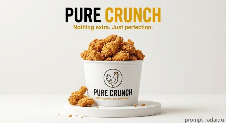 Промпт: Рекламная фотосъемка — белое ведро PURE CRUNCH с хрустящей курицей