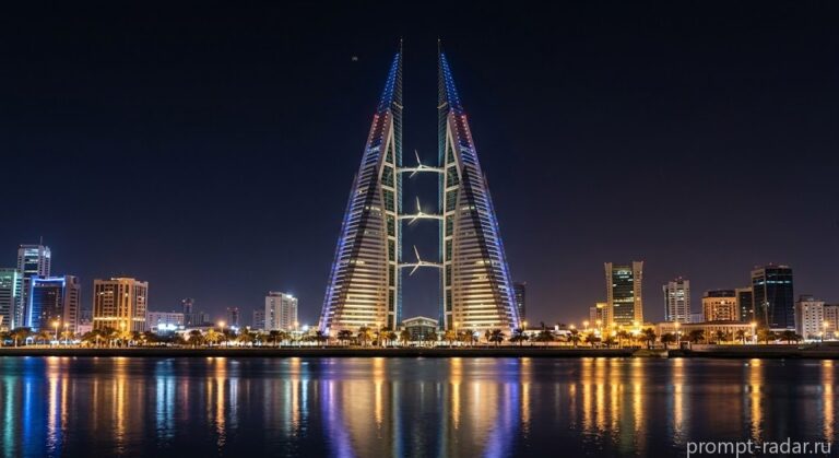 Промпт: Ночной вид Bahrain World Trade Center с двумя парусными башнями