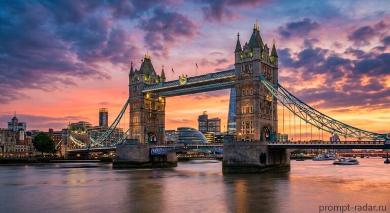 Промпт: Tower Bridge — панорамный закатный вид с длинной выдержкой