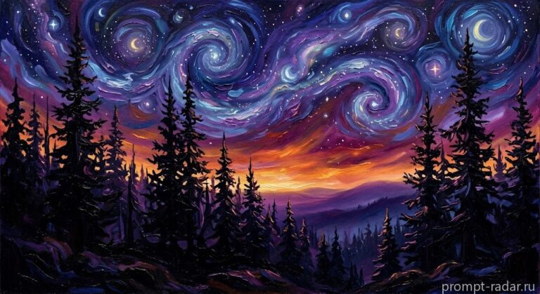 Промпт: лес под звездным вихрем в стиле Van Gogh (Винсента Ван Гога)
