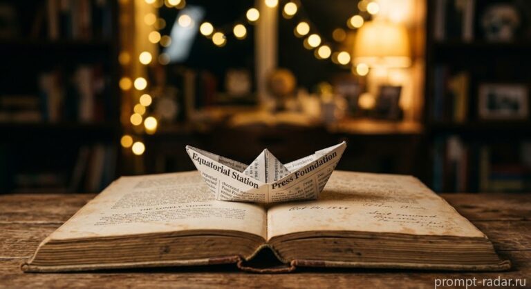 Промпт: Крошечный оригами-кораблик на страницах старой книги, теплое боке