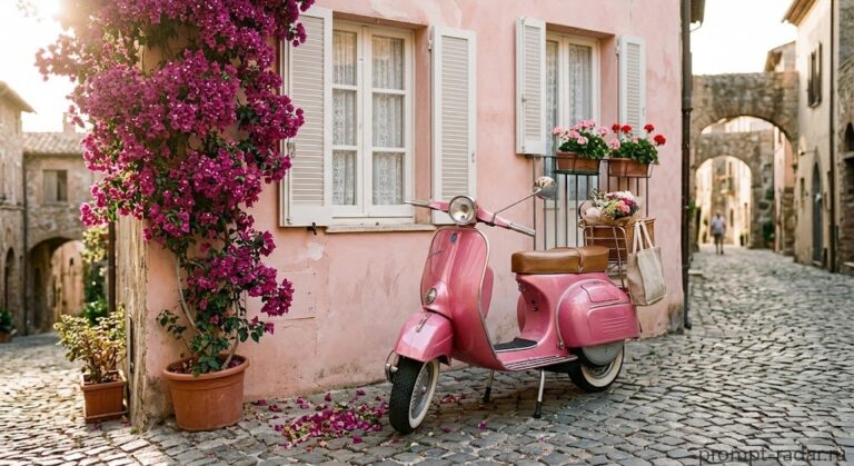 Промпт: глянцевая розовая Vespa на булыжной улице у пастельной стены