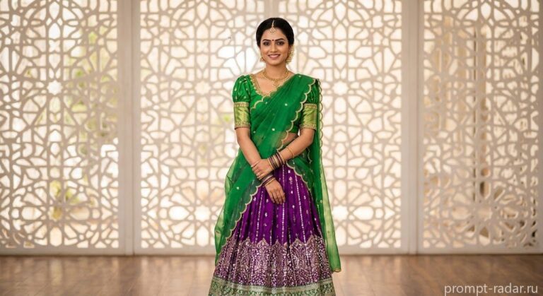 Промпт: Портрет женщины в зелено-фиолетовой индийской лехенге на узорном фоне