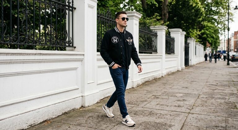 Промпт: Мужчина в черном бомбер-куртке и темных очках идет по улице