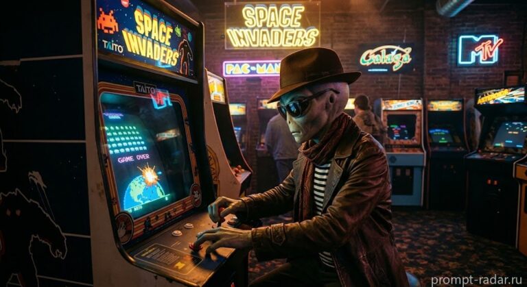 Промпт: Инопланетянин в федоре и плаще за автоматом Space Invaders, неоновый зал
