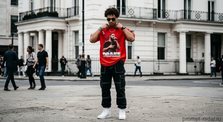 Промпт: Мужчина в красной футболке с Drake (Дрейком), полный рост, уличный стиль