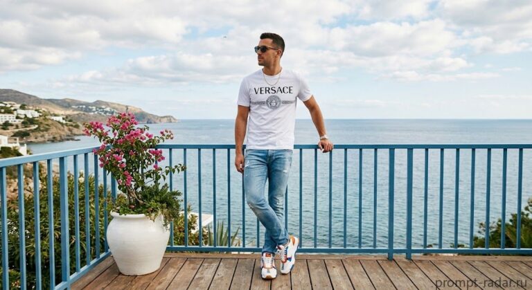 Промпт: Фэшн-фото мужчины в футболке Versace с очками на террасе у моря