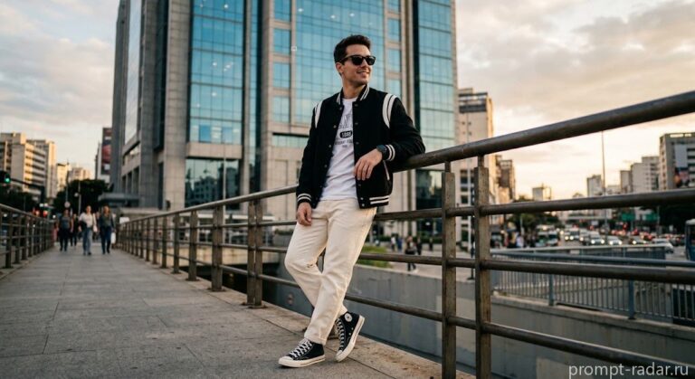 Промпт: Мужчина в черном varsity-пиджаке у перил, низкий угол, золотой свет