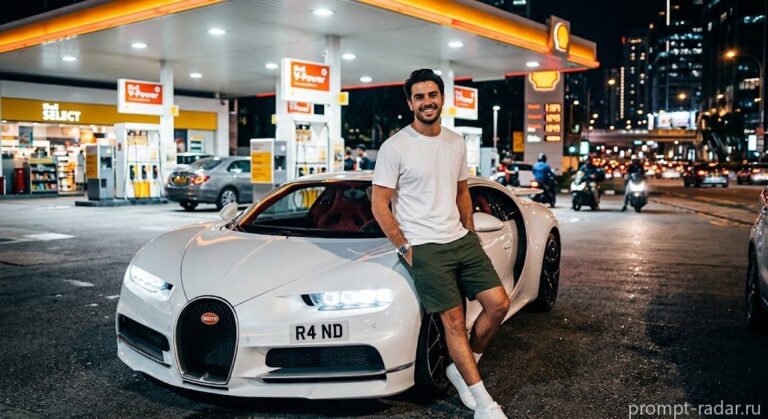 Промпт: Мужчина у белого Bugatti Chiron на ночной заправке Shell