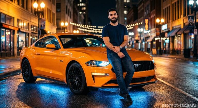 Промпт: Ночной портрет мужчины, опирающегося на оранжевый Ford Mustang на пустой улице