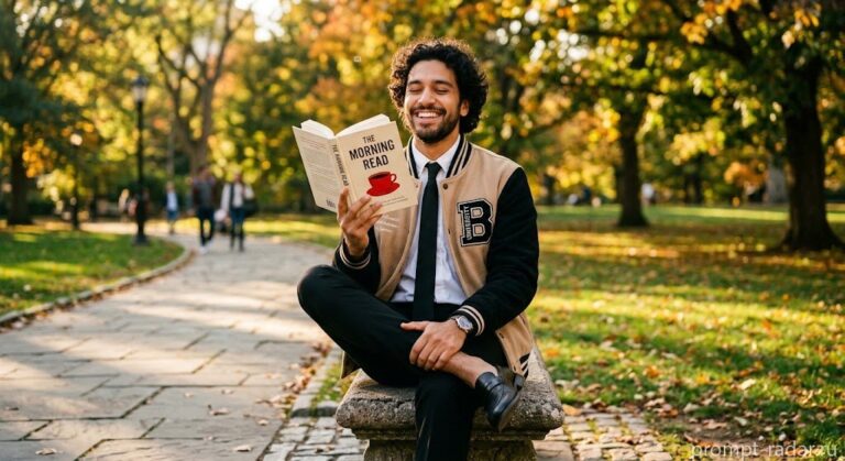 Промпт: Мужчина на скамье с книгой, теплый кинопортрет, низкий ракурс