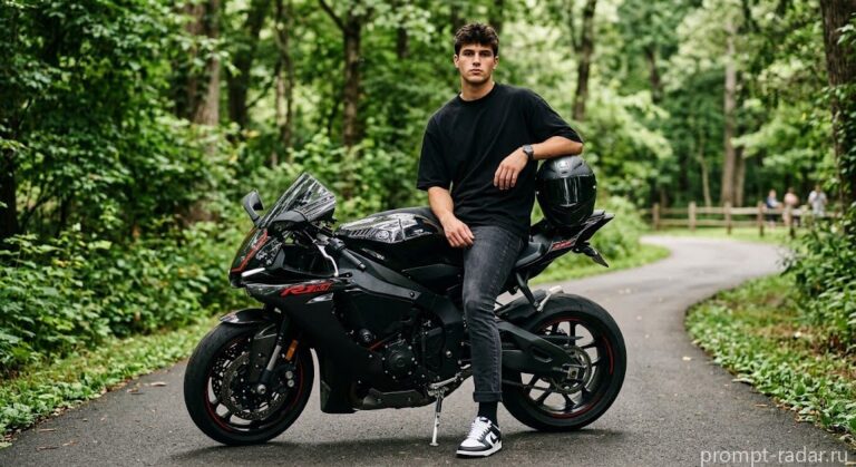 Промпт: Кинопортрет темноволосого мужчины на черном Yamaha R1X в парке