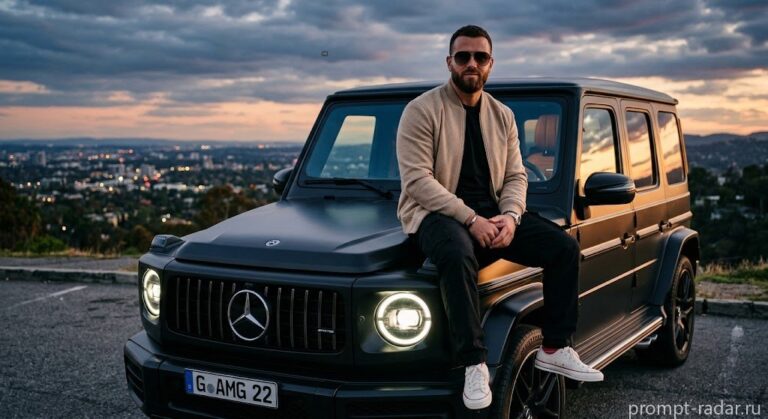 Промпт: Мужчина в бежевой бомбере на капоте матового Mercedes G-Wagon на закате