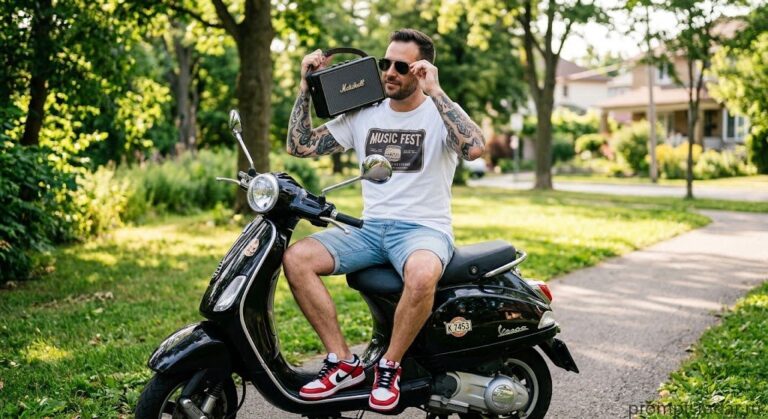 Промпт: Мужчина с татуировками на скутере с динамиком Marshall, уличная фотография