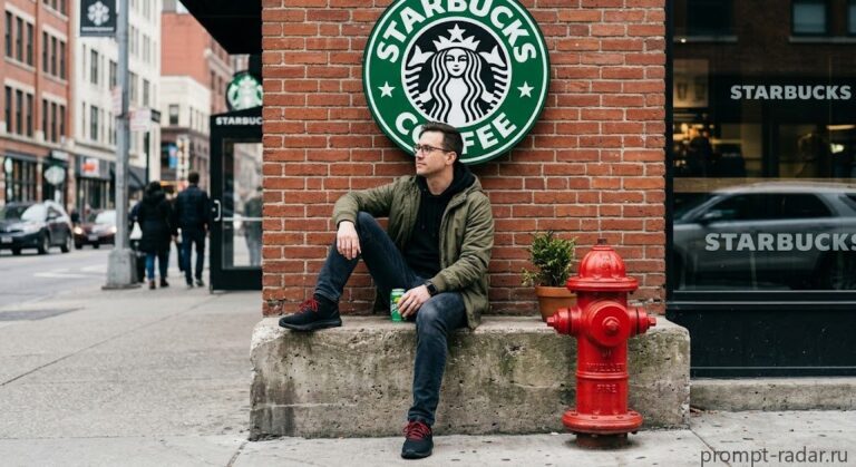 Промпт: Мужчина в худи на бордюре у кирпичной стены со Starbucks