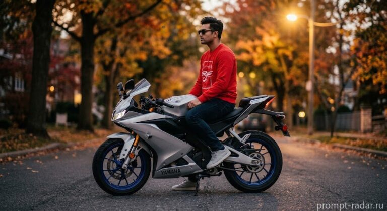 Промпт: Мужчина на серебристой Yamaha R15 в осеннем городском свете