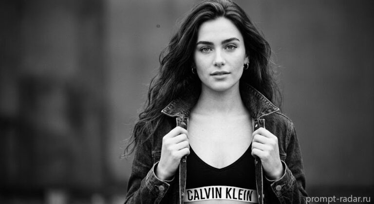Промпт: ч/б портрет молодой женщины в открытом джинсовом жакете с Calvin Klein
