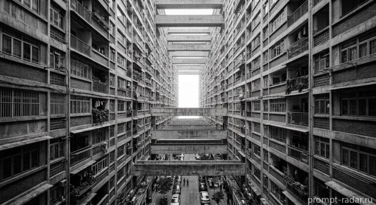 Промпт: фотореалистичная черно-белая архитектурная фотография урбанистического каньона, широкоугольный взгляд вверх