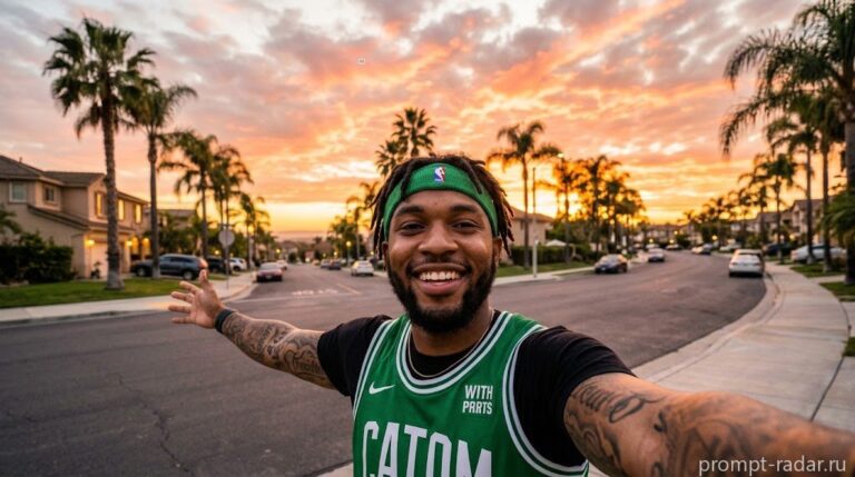 Промпт: Селфи черного в зеленой повязке в майке Celtics на пальмовом закате