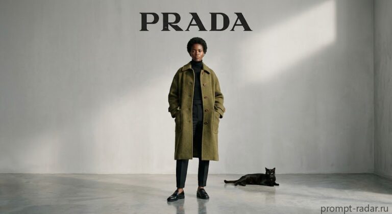 Промпт: студийная fashion: чернокожая модель в оливковом пальто, кошка, логотип PRADA