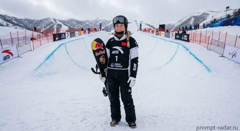 Промпт: Сноубордистка в хафпайпе с Burton, Red Bull, Porsche, ANTA, китайский флаг