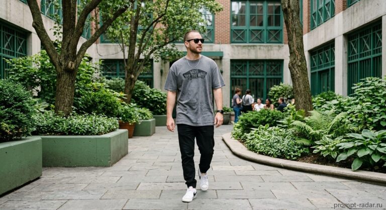 Промпт: Мужчина в солнцезащитных очках и футболке Vans идет по двору, фотореализм