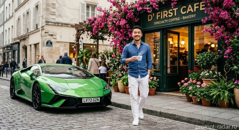 Промпт: Мужчина с кофе у зеленого Lamborghini под бугенвиллией на булыжной улице