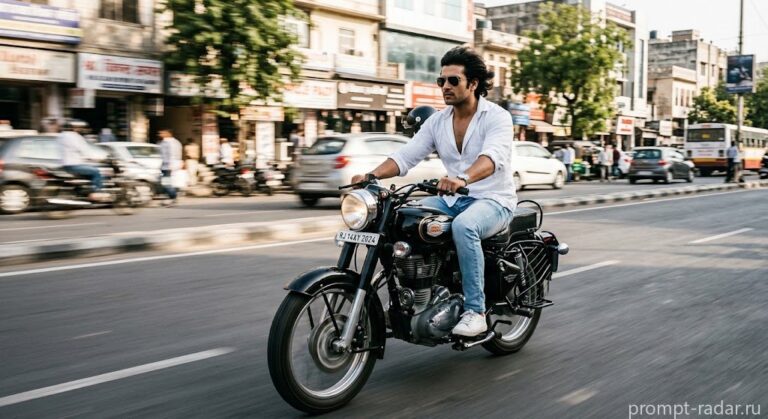 Промпт: Мужчина в очках на черном Royal Enfield Bullet 350 в движении