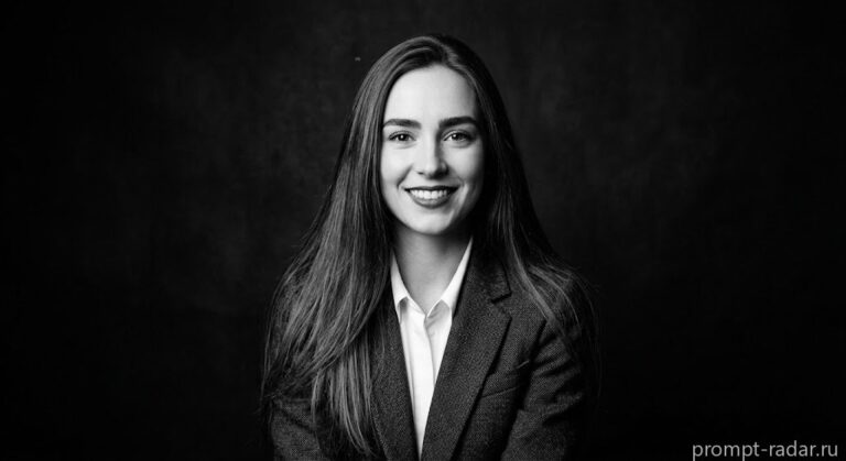 Промпт: Черно-белый студийный портрет молодой женщины в пиджаке, с мягким направленным светом
