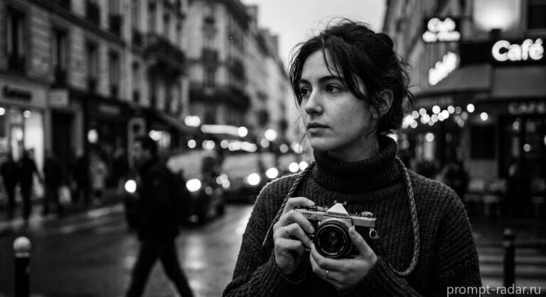 Промпт: Черно-белый портрет девушки с винтажным фотоаппаратом, пленочное зерно