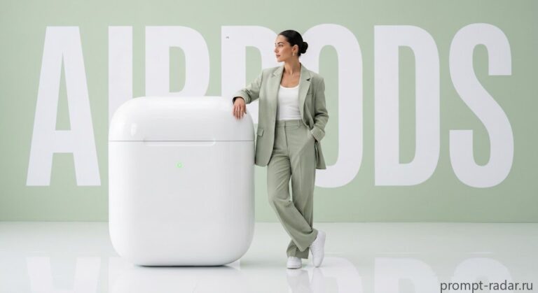 Промпт: Женщина у гигантского белого футляра AirPods в минималистской студии