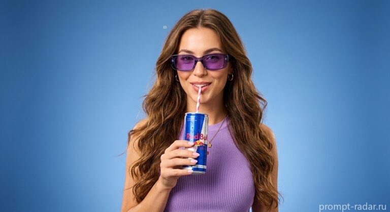 Промпт: Стильная девушка пьет Red Bull через трубочку в фиолетовых очках