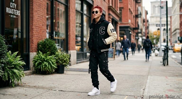 Промпт: Молодой с короткими рыжими волосами в очках и varsity-куртке