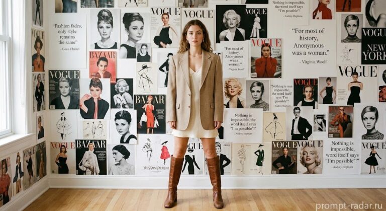 Промпт: Стильная девушка у стены с постерами Vogue и Yves Saint Laurent (Ива Сен-Лорана)