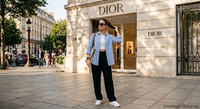 Промпт: уличный фэшн-портрет молодой женщины у витрины Dior