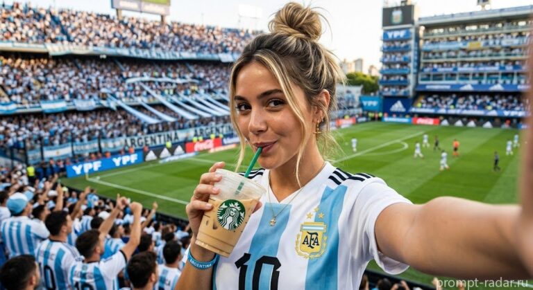 Промпт: Селфи девушки в футболке сборной Аргентины со Starbucks на стадионе