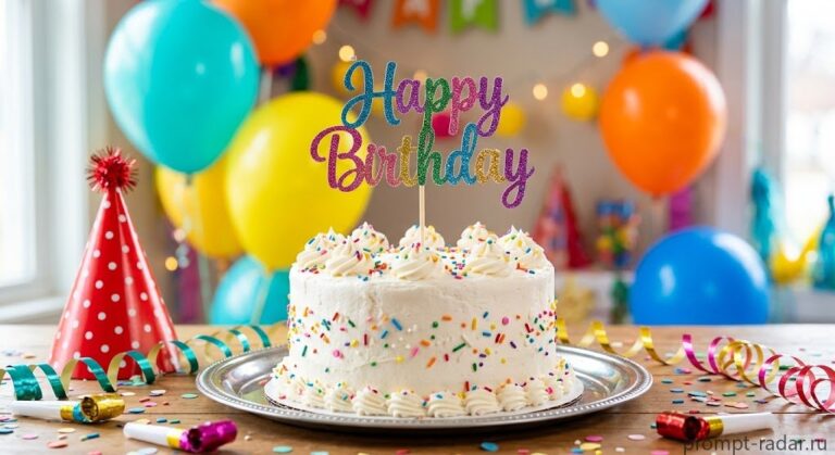 Промпт: Коммерческое фото торта с блестящим топпером ‘Happy Birthday’