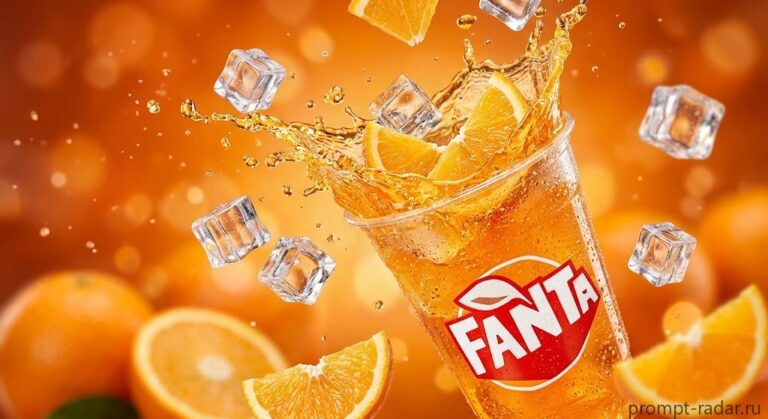 Промпт: Fanta — макросъемка рекламного всплеска апельсиновой газировки с логотипом