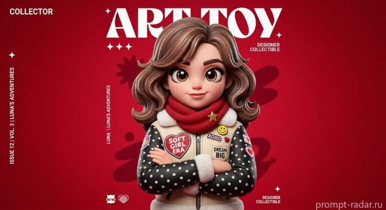 Промпт: Крупный план 3D арт-куклы в бомбер‑куртке на красном фоне